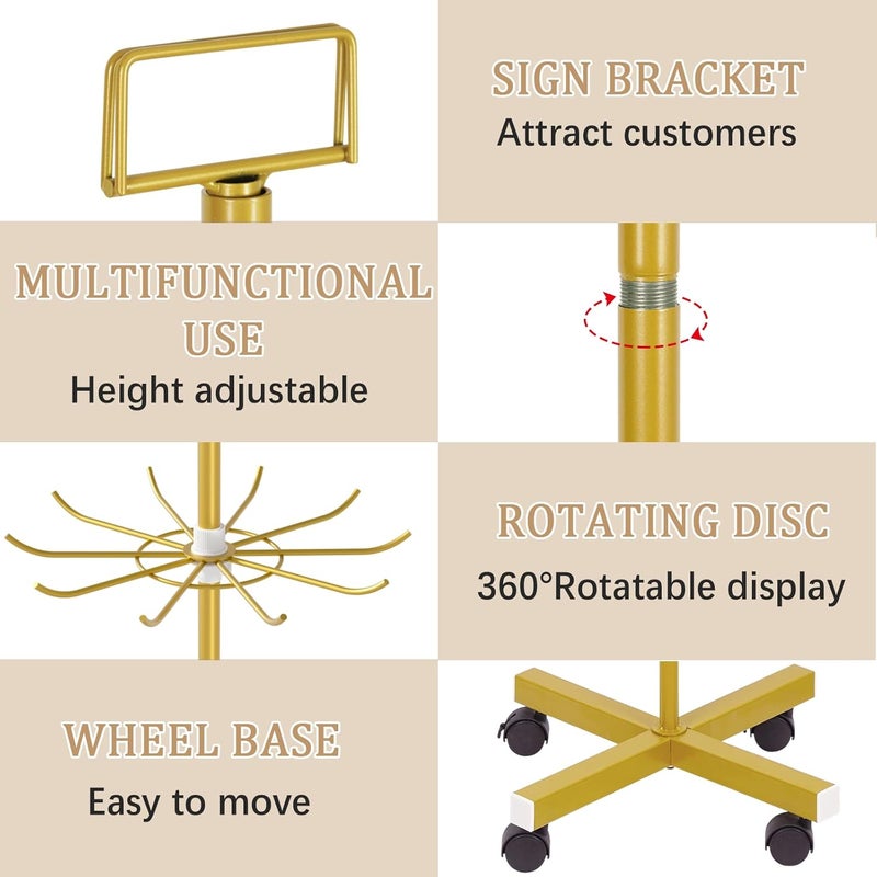 Exttlliy Retail Display Stand Store Display Rack 6 Tier Metal Spinning Display Stand Rack with Wheels Keychain Jewelry Stocking Hat Stand with Hooks for Malls, Showroom, Retail Store (6 Tier Gold) - Image 4